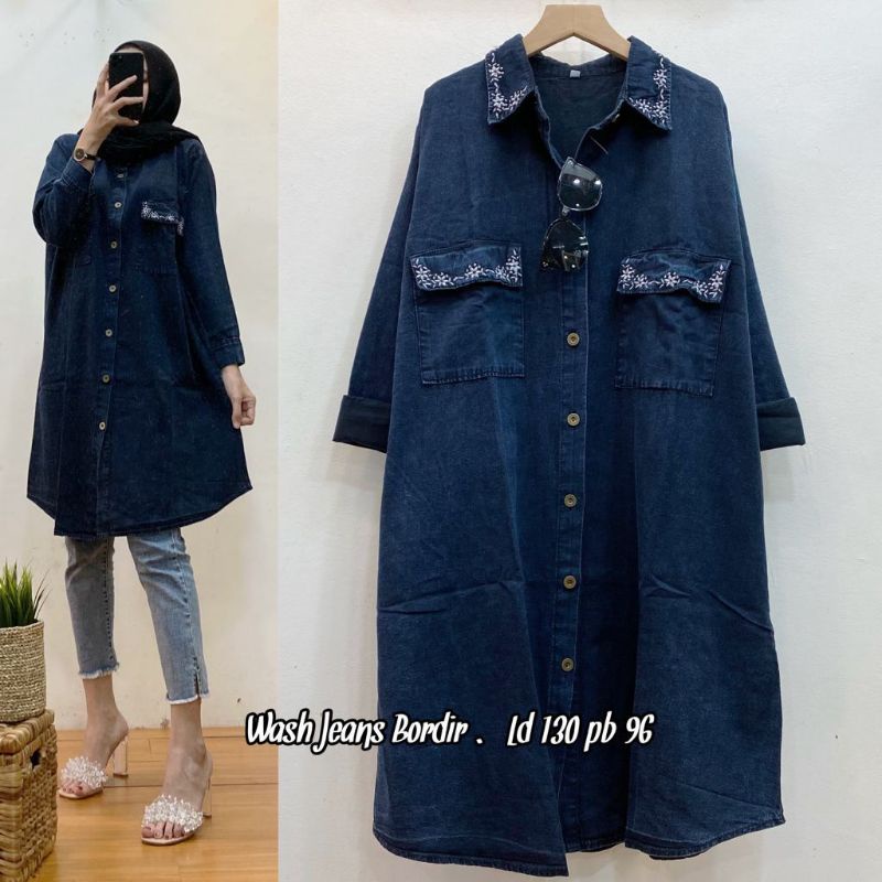 Tunik wash jeans bordir jumbo ld 130 cm
