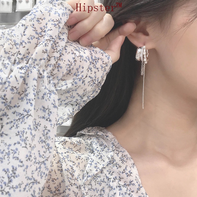 Anting Gantung Panjang Model Rumbai Dengan Mutiara Warna Silver Untuk Wanita