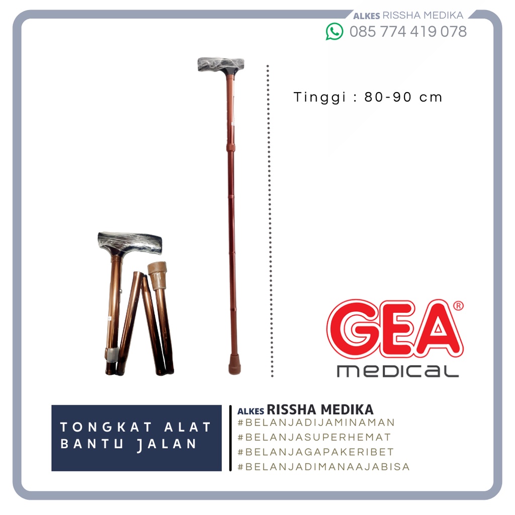Tongkat lipat Gea warna coklat, alat bantu jalan lansia, alat bantu jalan