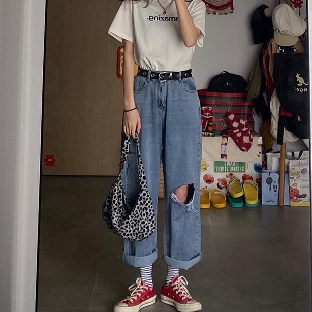 New korea biru murah celana jeans high waist wanita sobek