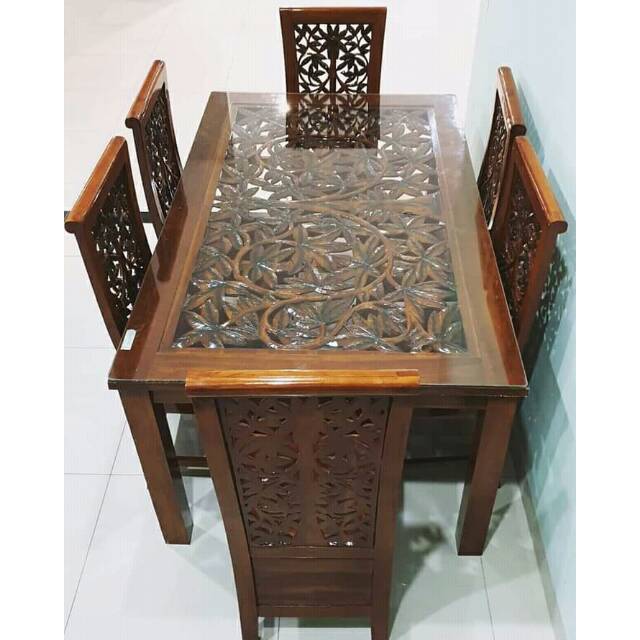 Meja makan jati krawang + kaca meja