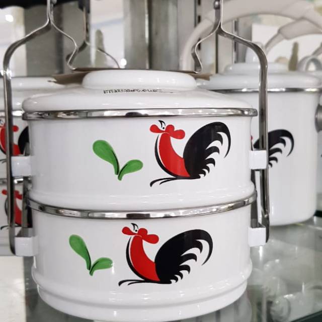 Rantang dua susun motif ayam jago kukuruyuk bahan enamel tebal lunch box