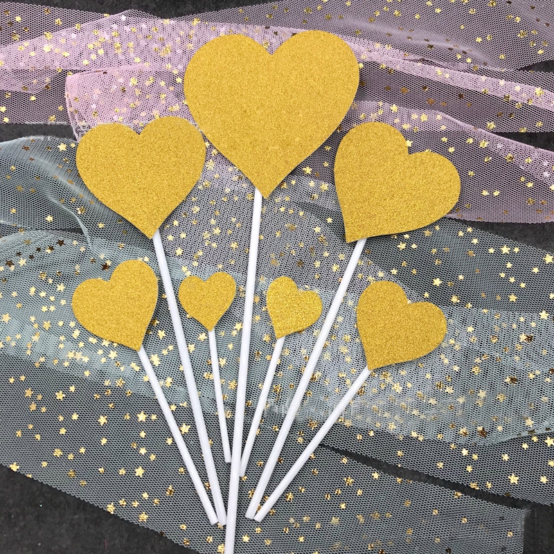 7pcs Lucu Bentuk Hati Glitter Kue Topper Baby Shower Pesta Ulang Tahun Kue Dekorasi
