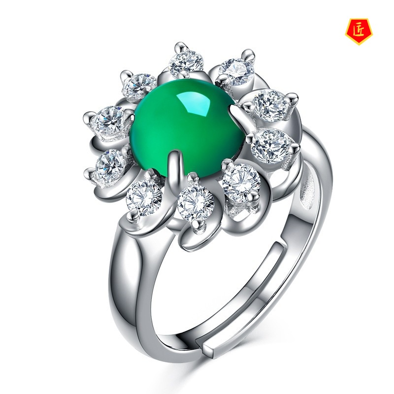 [Ready Stock]Green Chalcedony Ring Korean Style Green Agate Elegant