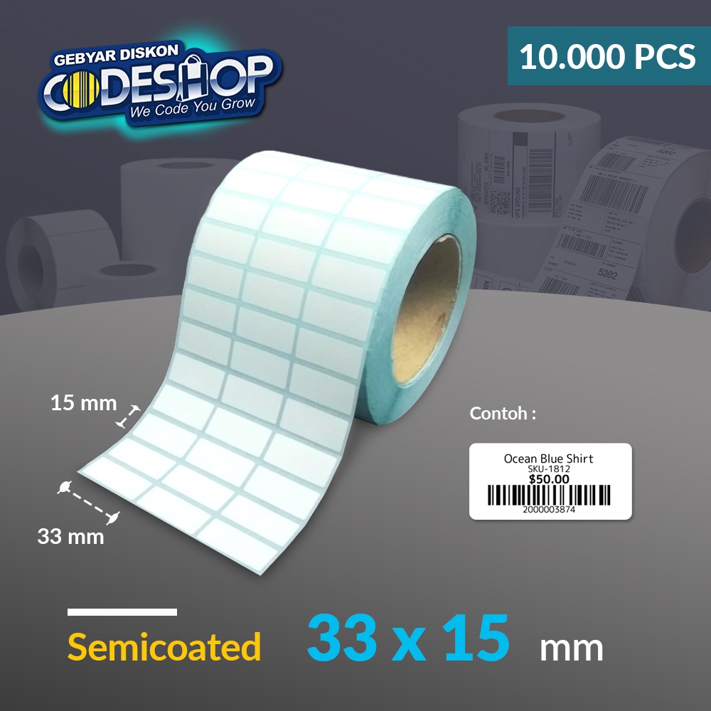 

Codeshop Label Semicoated 33 x 15 mm 3 Line Stiker Printer Barcode Industrial Core 3 Inch 10.000 Pcs
