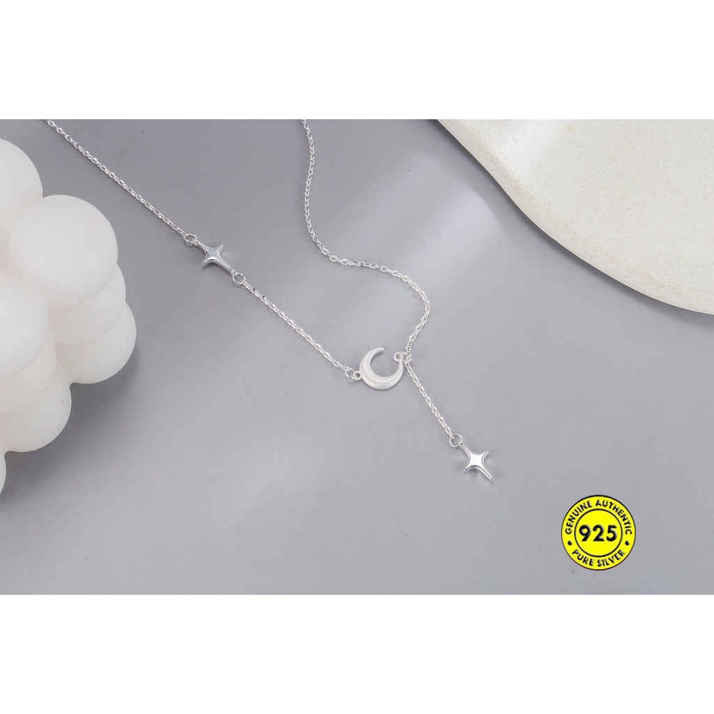 Kalung Rantai Sterling Silver 925 Dengan Liontin Bulan Sabit + Rumbai Untuk Wanita