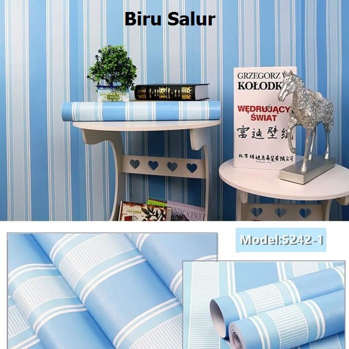 New Elegan Walpaper Stiker Hiasan Dinding Salur Biru Size 