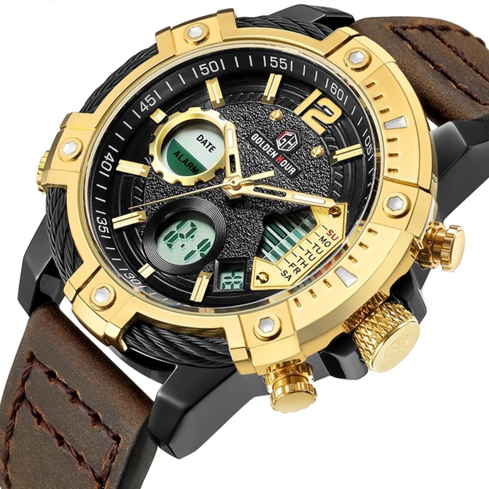 JAM TANGAN PRIA GOLD GOLDEN HOUR STRAP TALI KULIT ASLI DIAL BAJA TAHAN LAMA JAM PRIA MILITARY SPORT