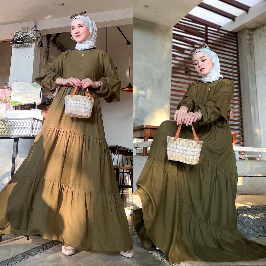 Riana Gamis Wanita Rayon Viscose Premium Dress Wanita Lengan Panjang Ruffle Terompet Longdress Bunga LD 110 cm