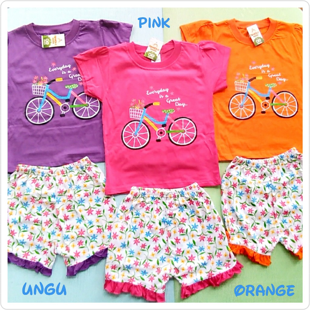 SETELAN KAOS ANAK CEWEK MOTIF SEPEDA CANTIK USIA 3 TAHUN. BAJU ANAK PEREMPUAN