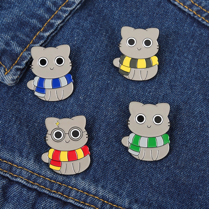 Bros Pin Enamel Bentuk Kucing Berkacamata 4 Model Untuk Aksesoris Tas Ransel / Syal