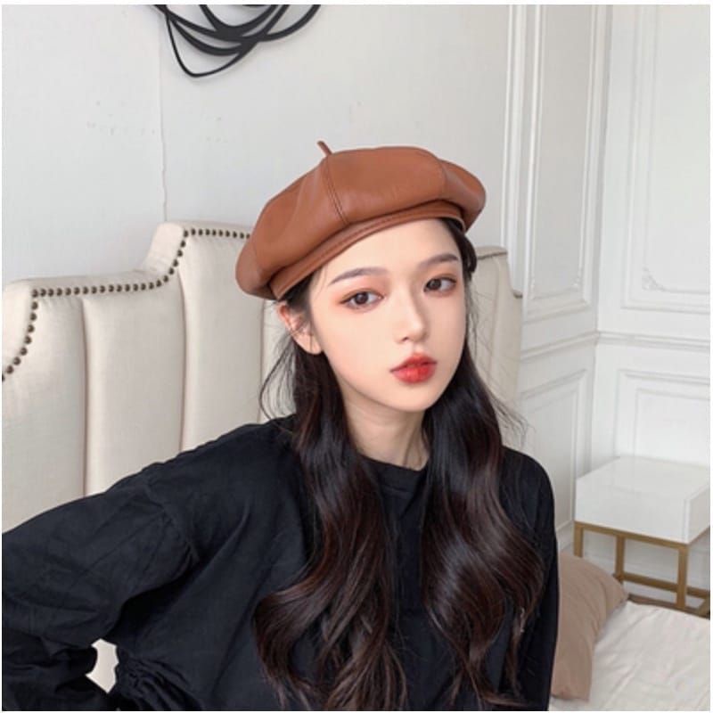 IMPORT WOMAN PU BARET HAT WINTER AUTUMN FASHION CAP TOPI MUSIM DINGIN