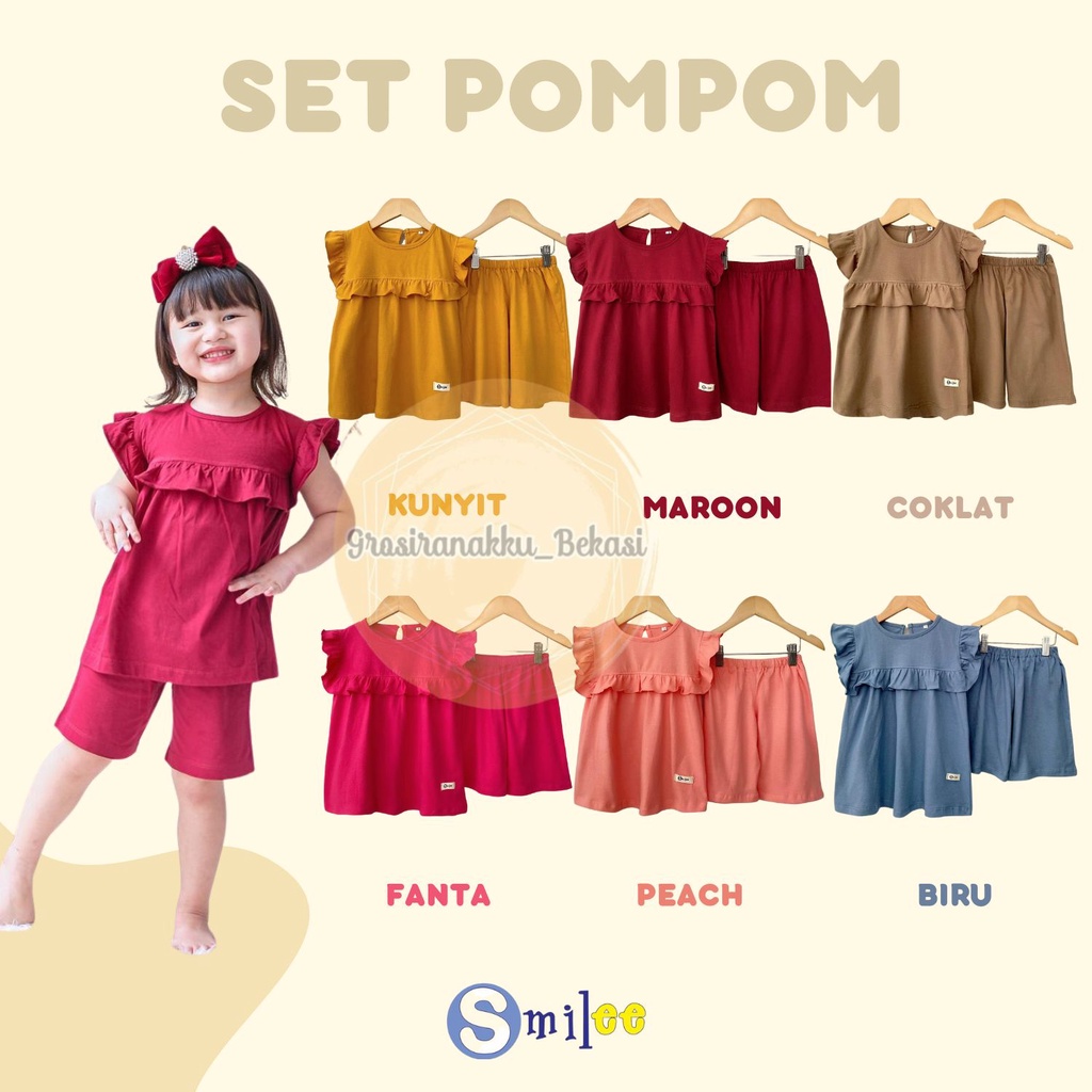 Setelan Anak Kaos Smilee Pompom mix warna size 1-5Tahun