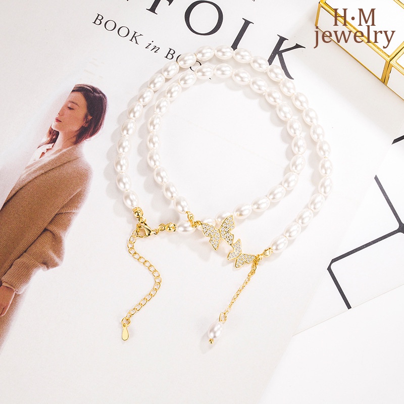 Kalung Rantai Dengan Liontin Kupu-Kupu + Mutiara Retro Mewah Untuk Wanita