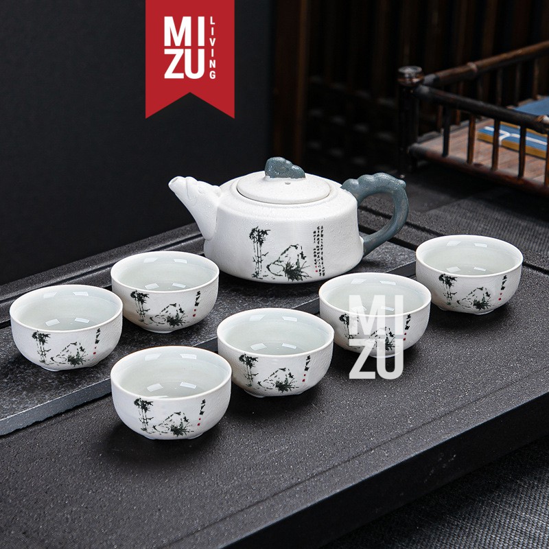 LOTUS Classic Chinese Tea Pot SET 6 Cups Textured Ceramic With Gift Box Teko 6 Cangkir Teh Keramik-WIDE BAMBOO