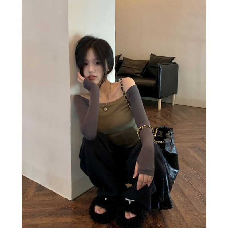 Suhao Amerika hot girl satu kata leher T-shirt wanita awal musim gugur bagian tipis ramping dan bagian tipis off-shoulder jahitan high-end top in