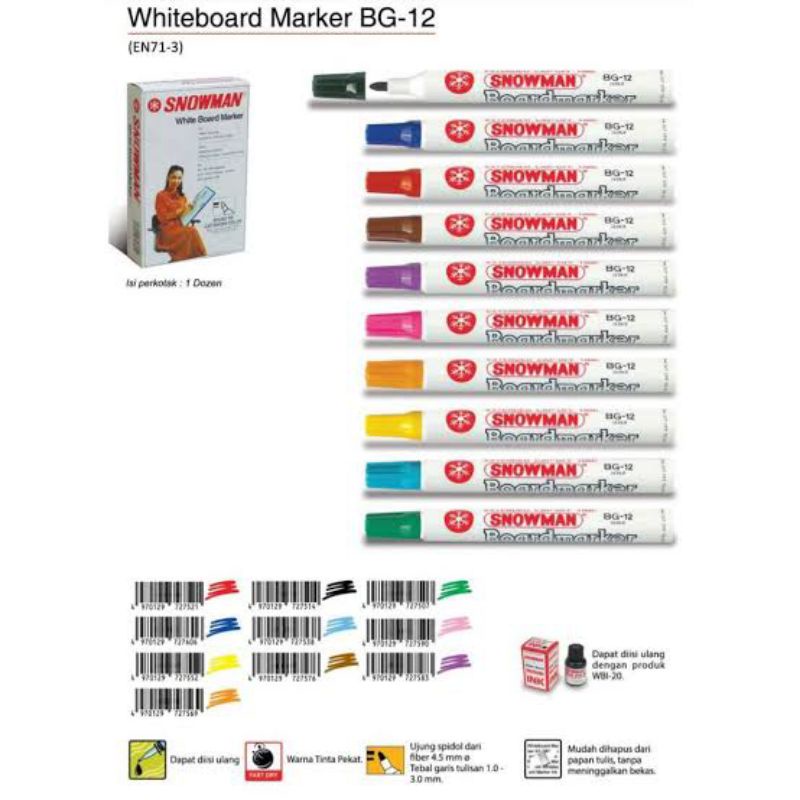 

WHITEBOARD MARKER SNOWMAN BG-12 | SPIDOL PAPAN TULIS DAPAT DIHAPUS | ECER