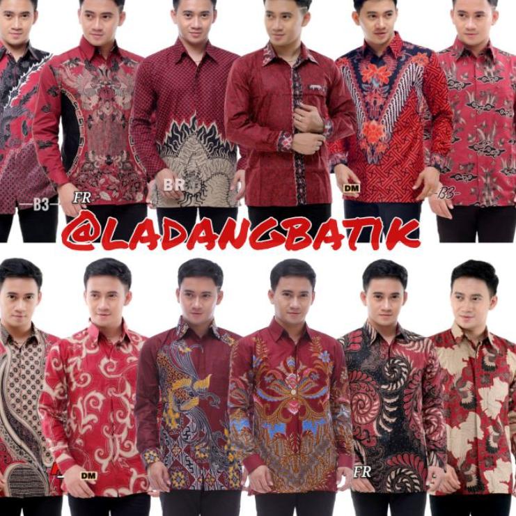 Terpercaya Atasan Kemeja Batik Pria Slimfit Lengan Panjang Warna Merah Maroon / Marun - Seragam Bati
