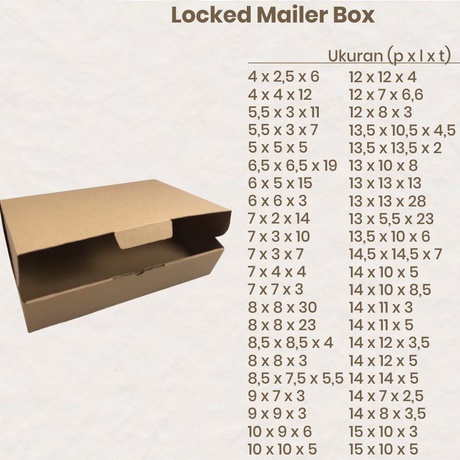 

[MIN 20 PCS] LOCKED MAILER BOX CUSTOM KARDUS E-FLUTE 20X8X5 / 20X8X8 / 20X10X3 / 20X10X5 / 20X10X6 / 20X10X7 / 20X10X8 / 20X10X10 / 20X11X9,5 / 20X12X5 / 20X12X6 / 20X12X9 / 20X12X11 / 20X12X15 / 20X14X3 / 20X14X8 / 20X14X10 / 20X15X3 / 20X15X5 / 20X15X8