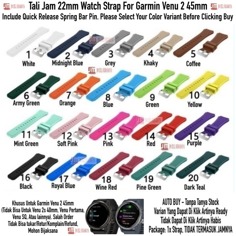 MS3 Tali Jam 22mm Watch Strap Garmin Venu 2 45mm - Rubber SIlikon Metal Buckle