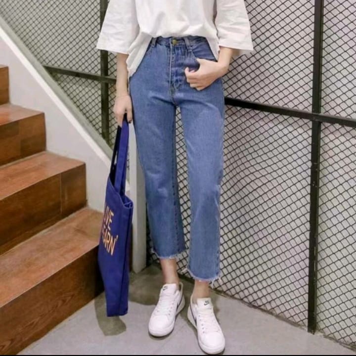 CELANA JEANS BOYFRIEND WANITA SUWIR BAWAH JEANS PLAIN