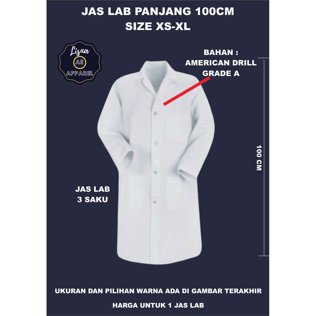 Jas Lab APD OKA Lengan Panjang Ukuran XS-XL Panjang Jas Lab 100cm American Drill Grade A