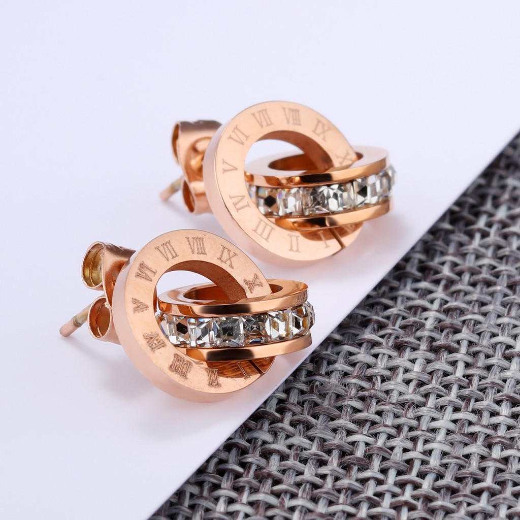 Anting Titanium Korea Tusuk Diamond Cewek Anti Karat Murah AA047 motif romawi