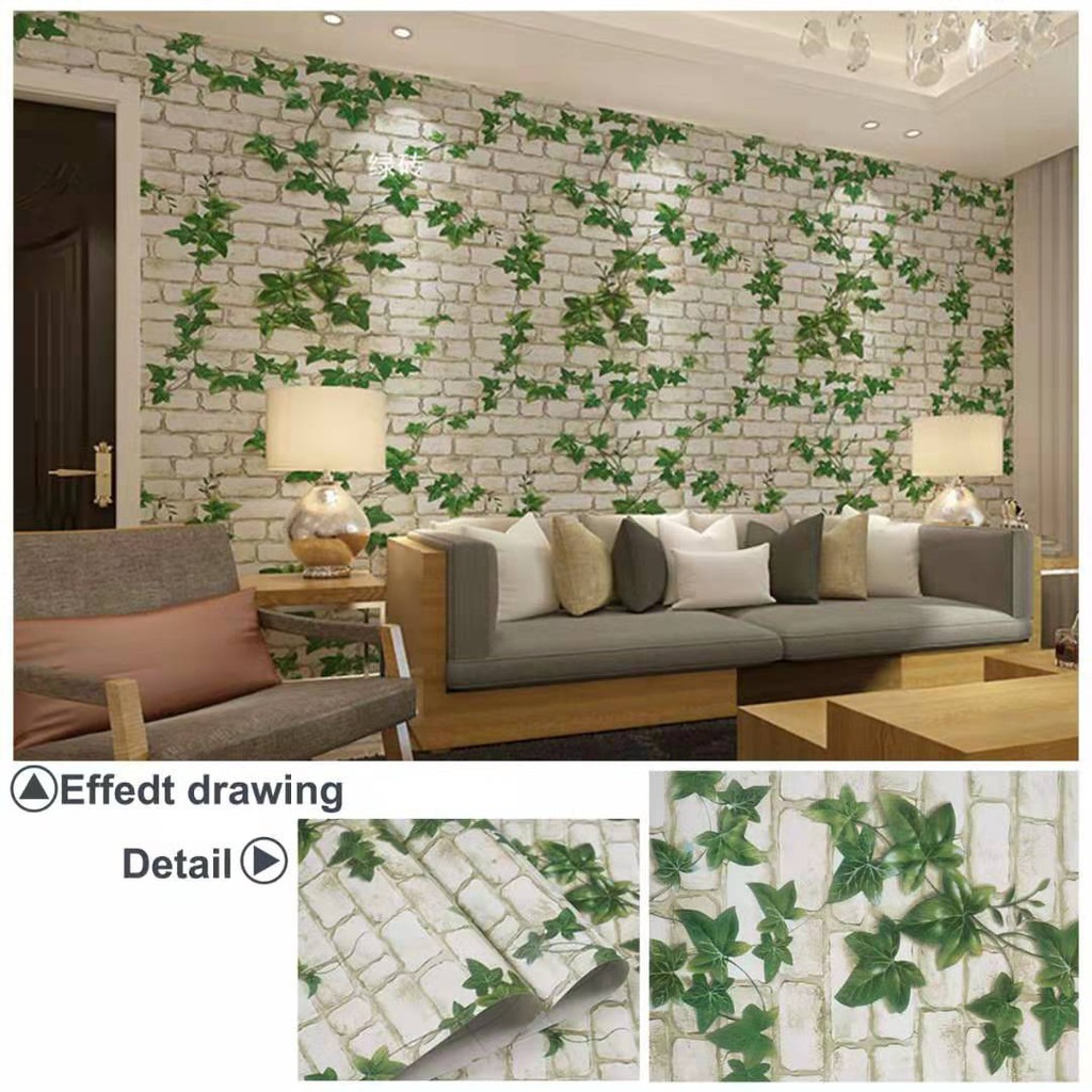 Bobi Wallpaper Sticker Motif Bata Putih Daun Hijau  5089  / Wallpaper Dinding 9m x 45cm