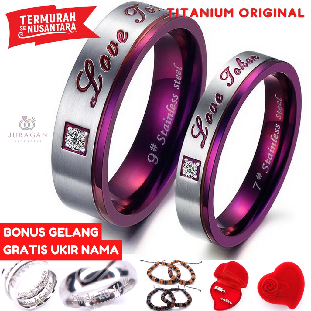 [HIGH QUALITY] Cincin Couple BUCIN R29 Titanium Ukir Nama + Box Cincin Beludru + BONUS Gelang Couple