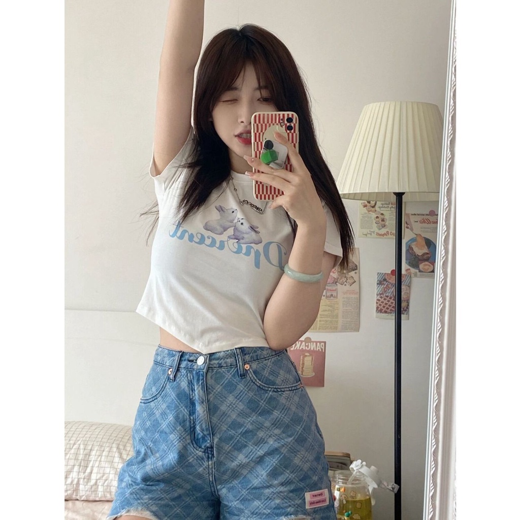 Cetak Kelinci Tidak Beraturan Lengan Pendek T-shirt Wanita Desain Rasa Musim Panas Baru Manis Gadis