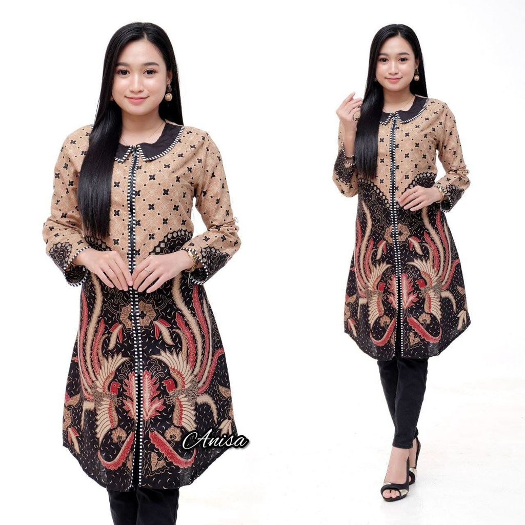 EMHABATIK | BATIK COUPLE PRIA WANITA LENGAN PANJANG MODERN TUNIK #2-ZEBRA MERPATI COKLAT