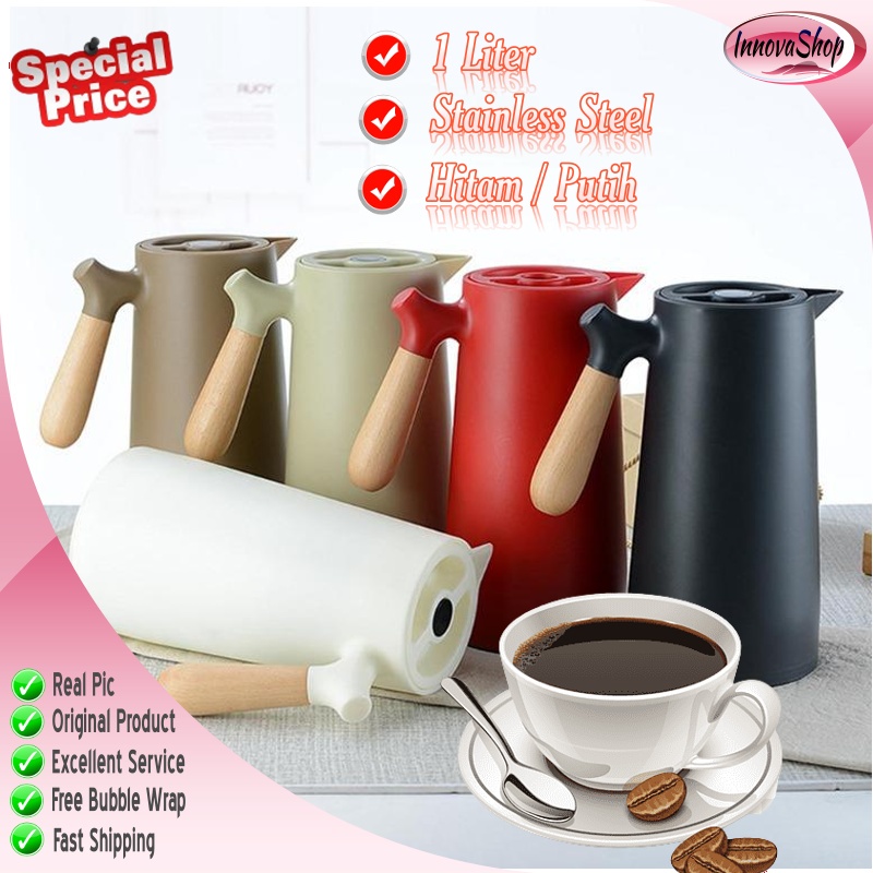 Thermos Termos Air Panas Mini 1 Liter Pencet Stainless Steel Hitam/Putih