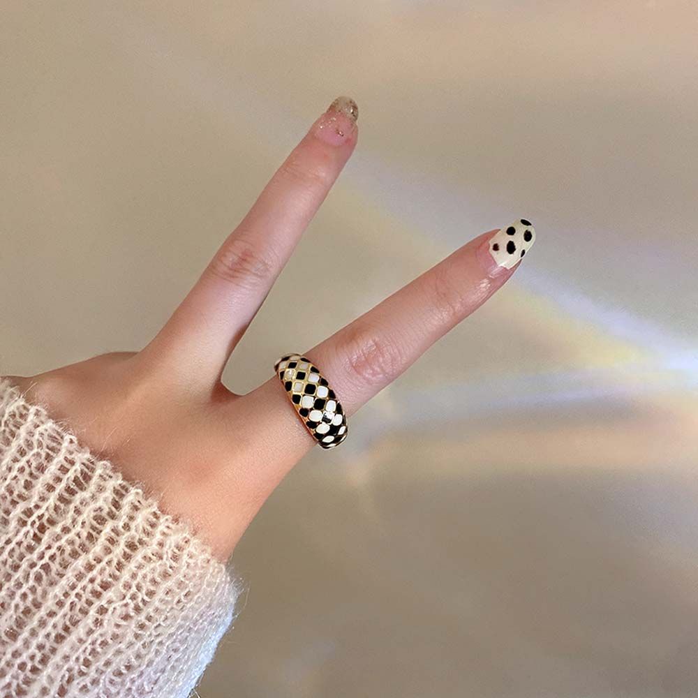 Needway  Women Girls Checkerboard Grid Rings Romantic Open Rings Metal Rings Dripping Oil Gold Color Black White Grid Geometric Adjustable Vintage Korean Style