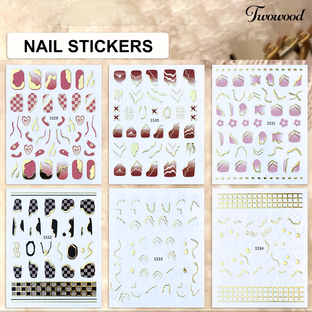 Twowood 1 Lembar Stiker Kuku Motif Kotak-Kotak Warna Emas Untuk Manicure / Nail Art Wanita