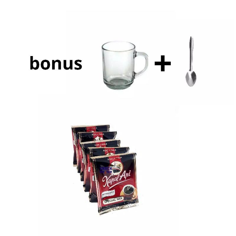 

kopi kapal api 10sachet bonus gelas cantik + sendok teh/kopi