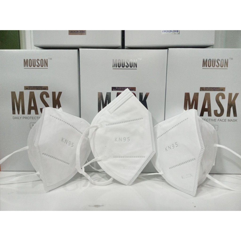 PM Masker KN95 MOUSON isi 50 ada logo dan Tali elastis IZIN KEMENKES -Putih PASAR MURAH ORIGINAL