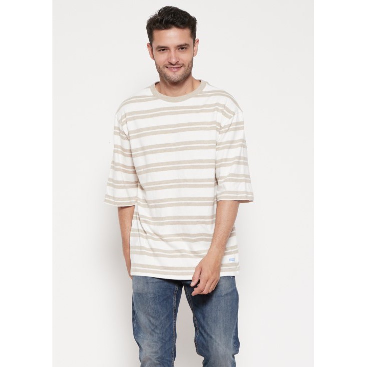 SOLDOUT The-Fahrenheit Mens Refined Essential Crew Neck Striped Tee -Cream