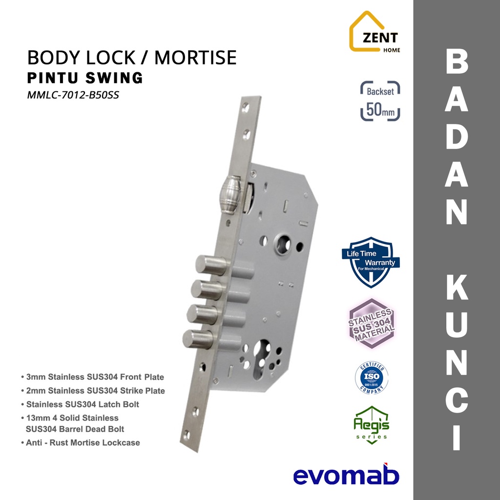 evomab Lock Body Barrel Stainless SUS 304 Mortise Kunci Pintu Swing Lockcase MMLC-7012-B50SS