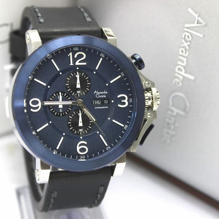 JUAL JAM TANGAN ASLI   ALEXANDRE CHRISTIE AC 6281 PRIA SILVER BLUE LEATHER BLACK ORIGINAL   I