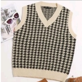 pojoksweater.id - Korean Vest Houndstooth V Neck Kualitas Terbaik