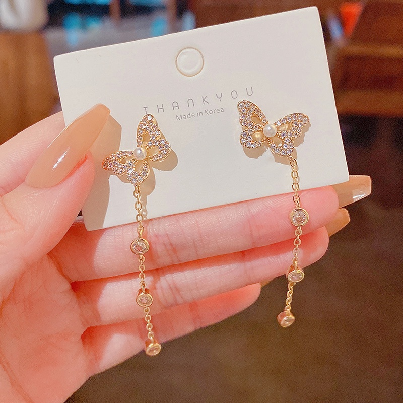 Anting Tusuk Gantung Panjang silver 925 Wanita Desain Kupu-Kupu Rumbai Full Berlian Mewah