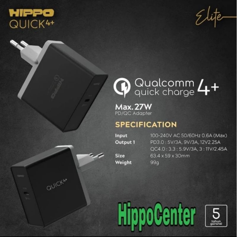 Hippo Elite Quick 4+ Adapter Charger 27W PD 3.0 Qualcom Quick Charging