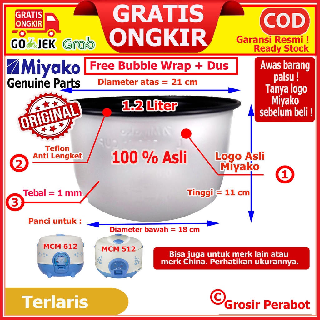 Panci Magic Com Miyako 1.2 L MCM 612 MCM 512 Panci Rice Cooker Miyako 1.2 L Panci Magiccom Megicom Miyako 1.2 Liter Anti Lengket Original Panci Teflon Daleman Miyako 1.2 L MCM 612 MCM 512