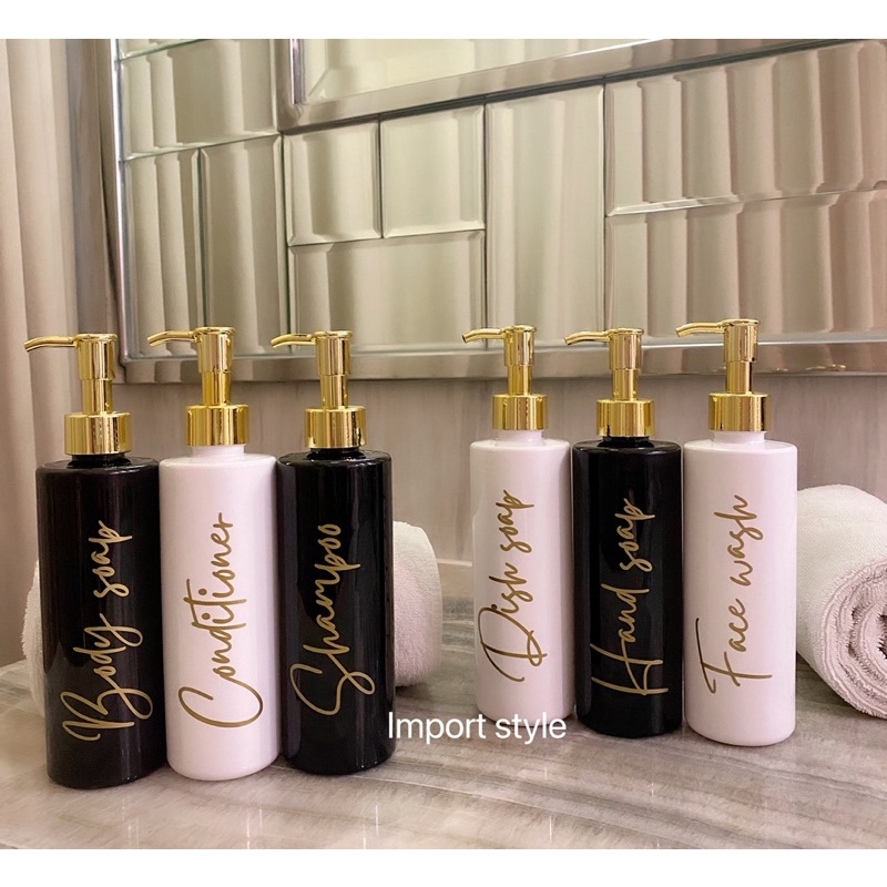 botol 250ml LONG , HITAM PUTIH  stiker GOLD NEW . aesthetic bottle refill tempat sabun cair pump estetik luxury look .