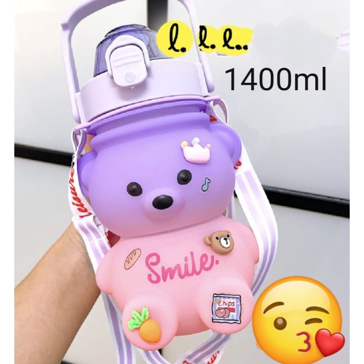 botol minum panda lucu tali panjang free stiker 2d dan 3d