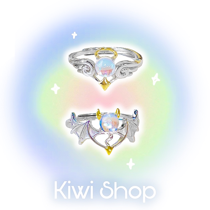 Cincin Desain Angel Devil Aksen Moonstone Biru Gaya Vintage Boho Untuk Wanita