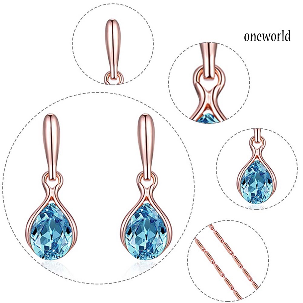 OW@ Women Cubic Zirconia Water Drop Pendant Necklace Ear Stud Earrings Jewelry Set