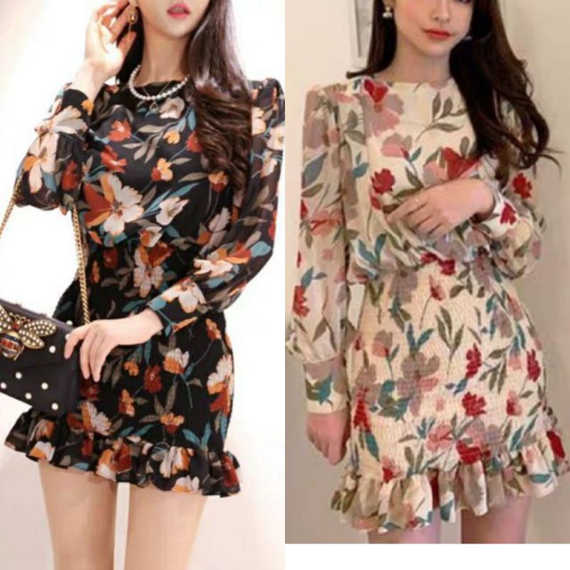 dress smock import korean / dress bunga flower floral garden / maxi dres korea bangkok vintage impor