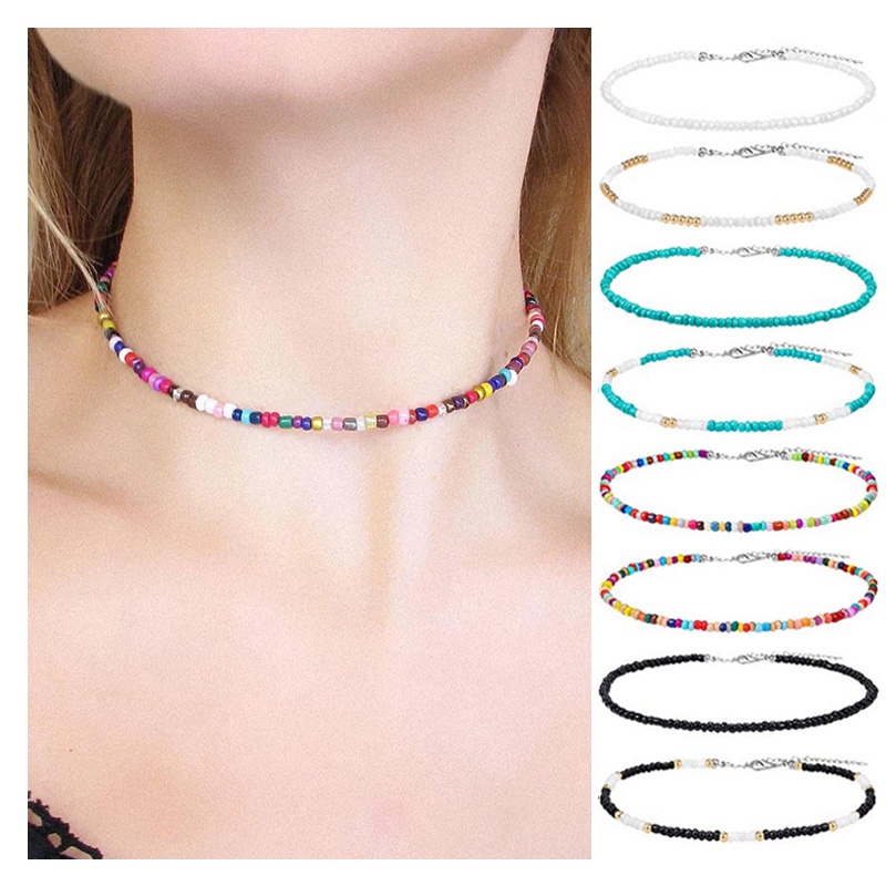 [ACKER] Bohemian Buatan Tangan Rainbow Beads Choker Kalung Pendek untuk Wanita Gadis Boho Permen Warna Manik-manik Kalung Mode Perhiasan