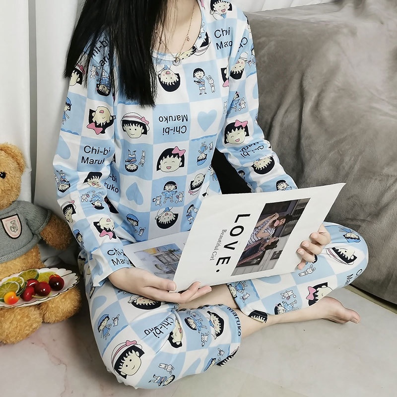 Setelan Lengan Panjang Piyama Baju Tidur Wanita Kartun Karakter Pajamas Dewasa set Piama Wanita-Blue maruko